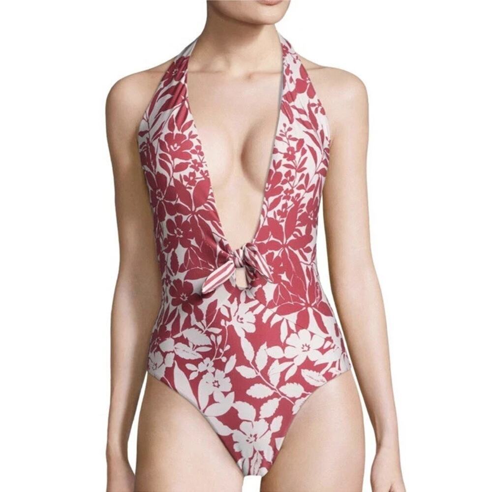 Red Carter Floral Shanghai One Piece Swimsuit Size S Ruby Plunge V-Neck Halter